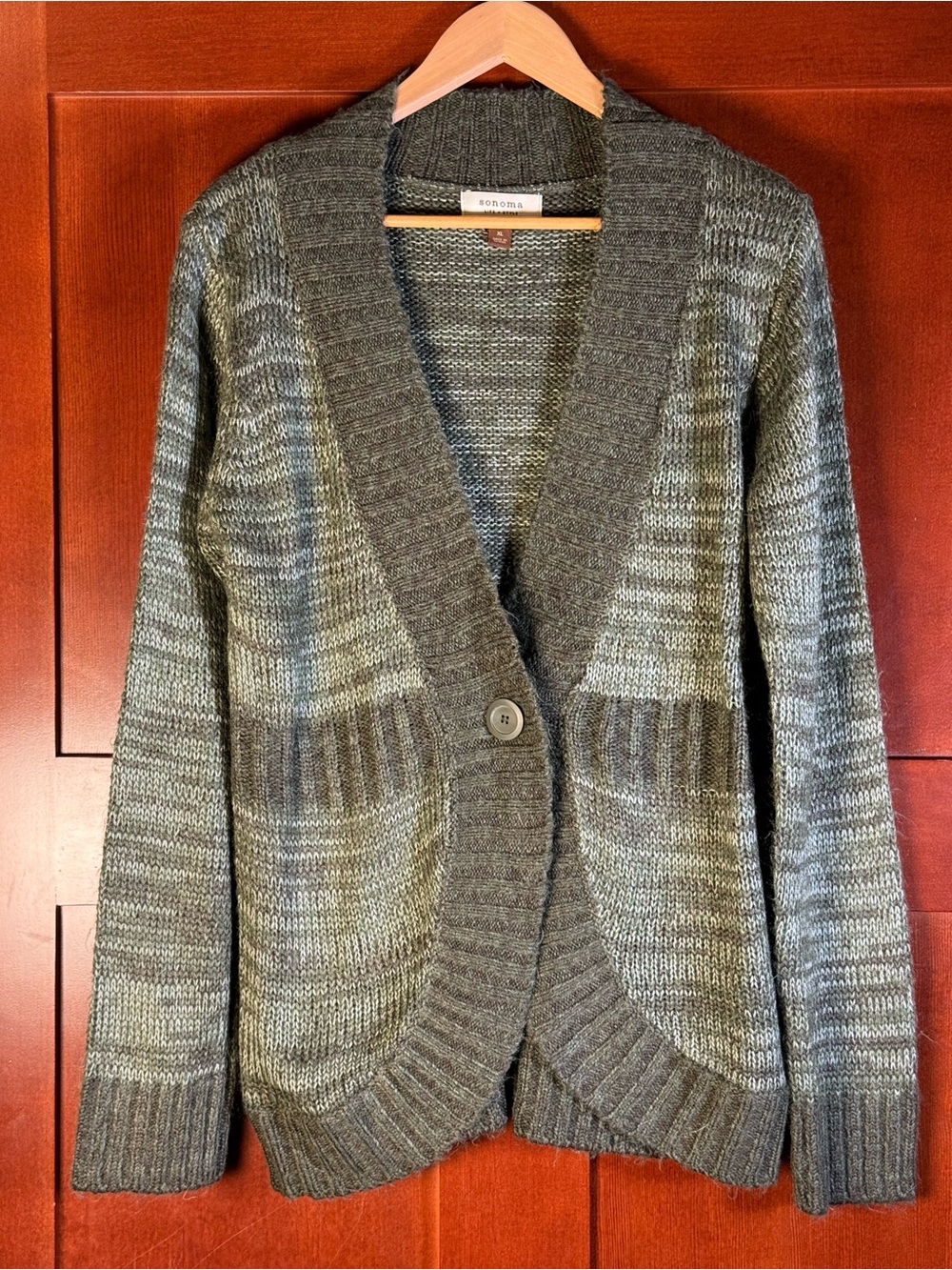 Sonoma XL Olive Green Marled Knit Cardigan Single Button Cozy Grandpa Chic